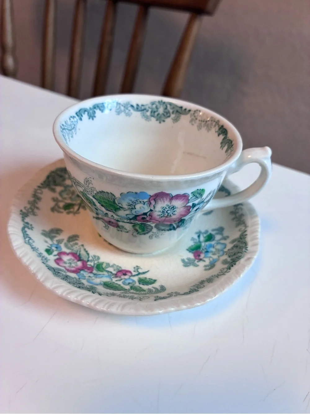 Apple Blossom Pink & Green Floral Teacup and Saucer